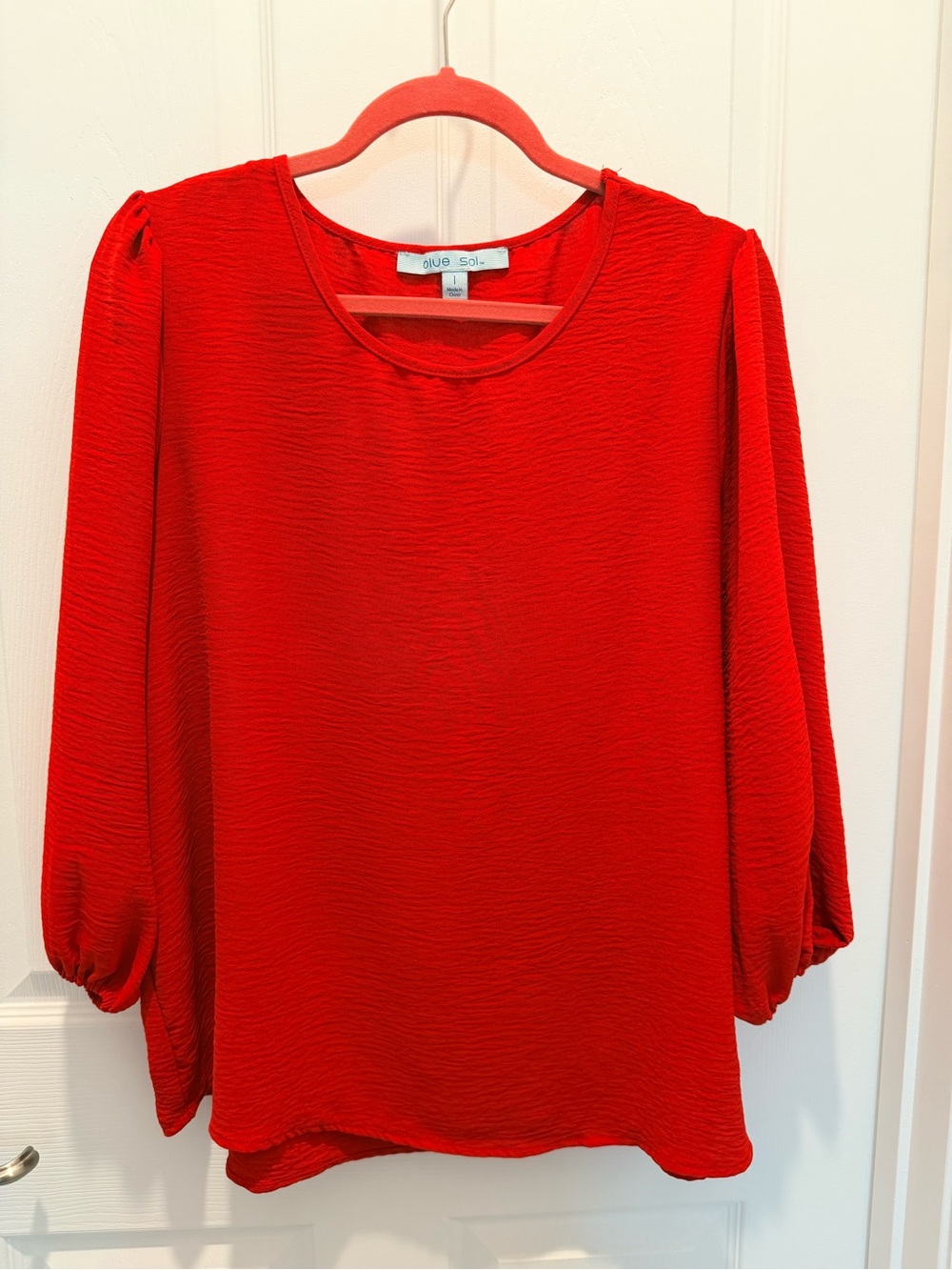 Blue Sol Women's Red Textured Balloon-Sleeve Blouse